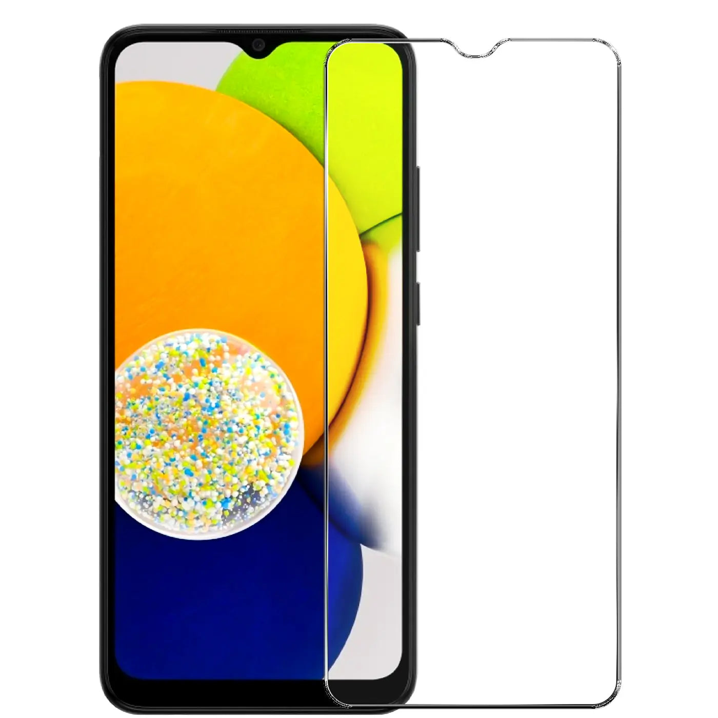 Transparentes Panzerglas für Samsung Galaxy A03, schräg über dem Display platziert, auf weißem Hintergrund.