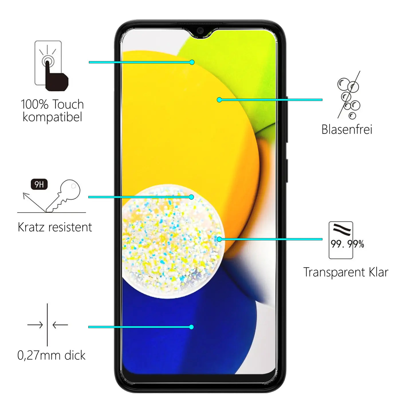 Schwarzes Samsung Galaxy A03 Handy mit Panzerglas-Displayschutz, frontal, umgeben von Produktmerkmal-Symbolen.
