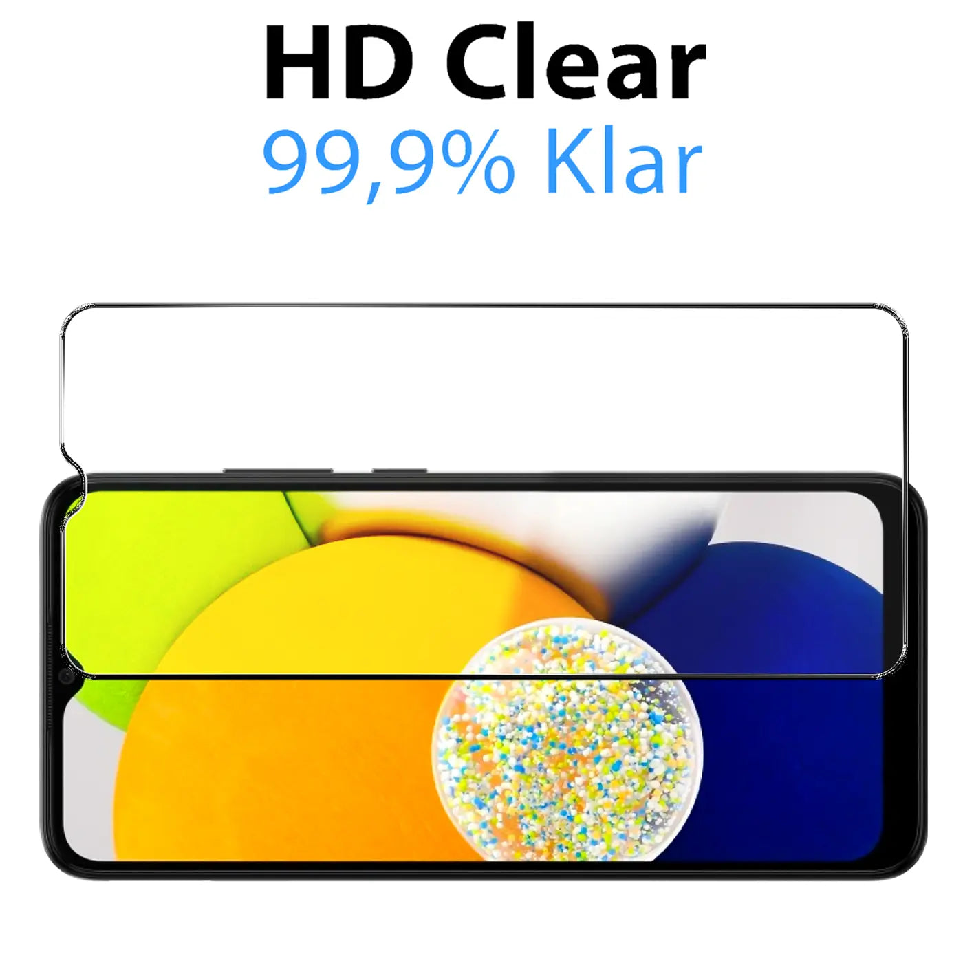 Samsung Galaxy A03 Handy mit aufgelegtem, transparentem Panzerglas-Displayschutz von oben.