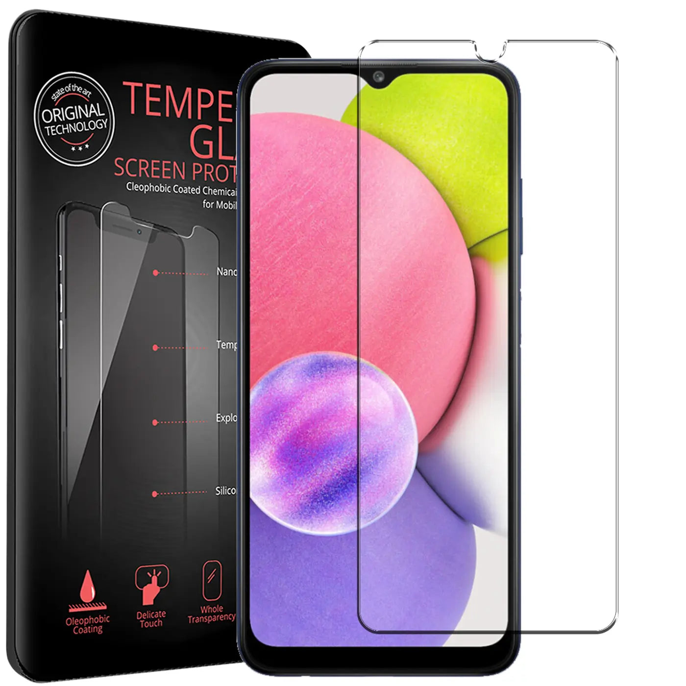 Schwarze Verpackung mit "TEMPERED GLASS" und ein Samsung Galaxy A03s mit zwei klaren Panzerglas-Displayschutzfolien.