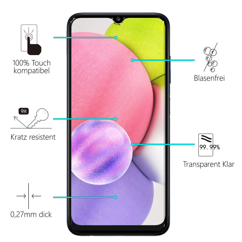 Schwarzes Samsung Galaxy A03s Smartphone, frontal, mit rosa/lila Display und blauen Linien zu Produktmerkmalen.