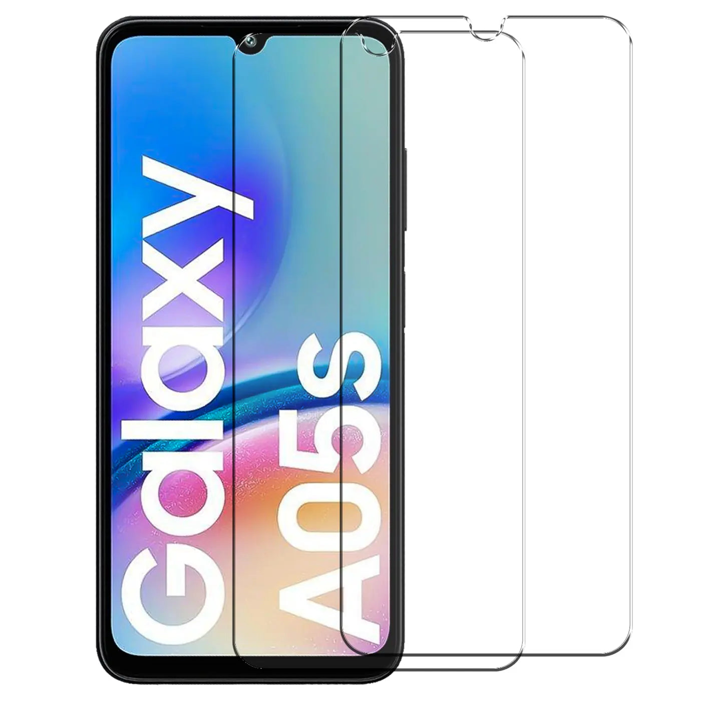 Zwei transparente Panzerglas-Displayschutzfolien für Samsung Galaxy A05s, eine auf dem Display, eine daneben.