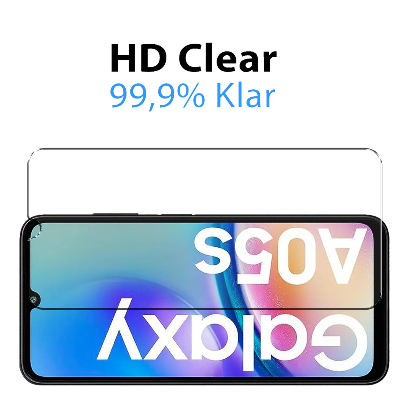 Klares Panzerglas für Samsung Galaxy A05s, von oben auf ein schwarzes Smartphone gelegt, mit "HD Clear" Text.