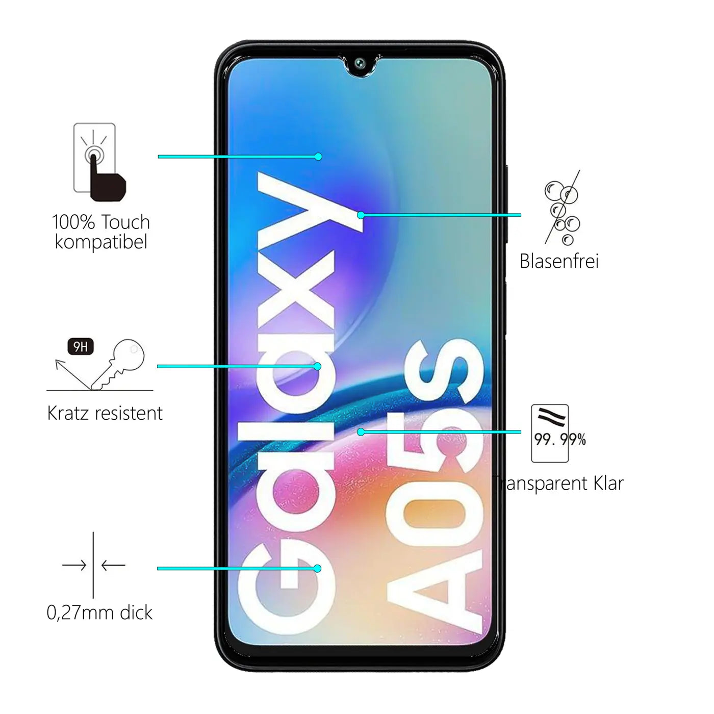 Schwarzes Samsung Galaxy A05s Smartphone mit Displayschutzfolie, frontal. Eigenschaften wie 9H Härtegrad sind abgebildet.