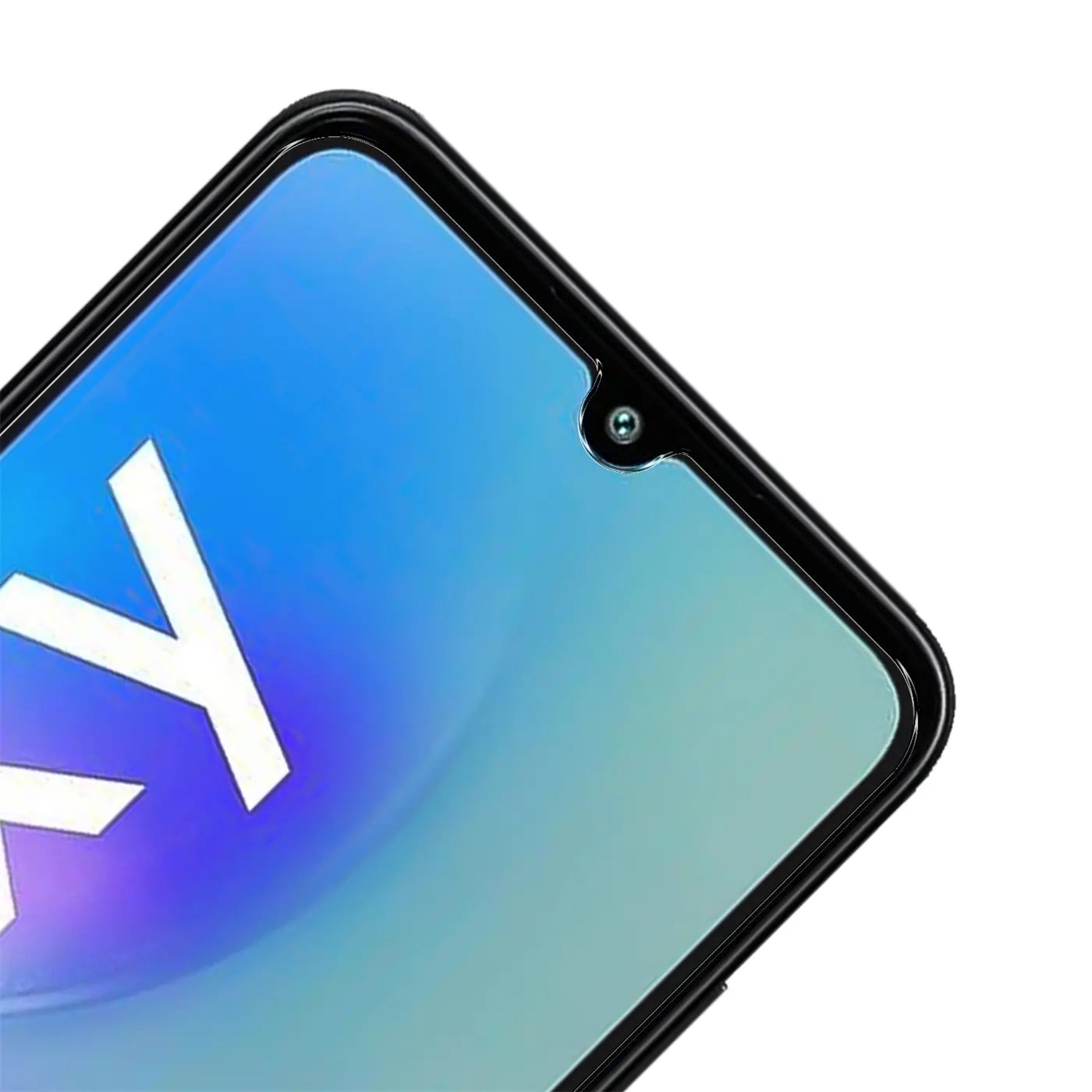 Nahaufnahme des oberen rechten Bereichs eines Samsung Galaxy A05s Displays mit schwarzem Rahmen und Wassertropfen-Notch.