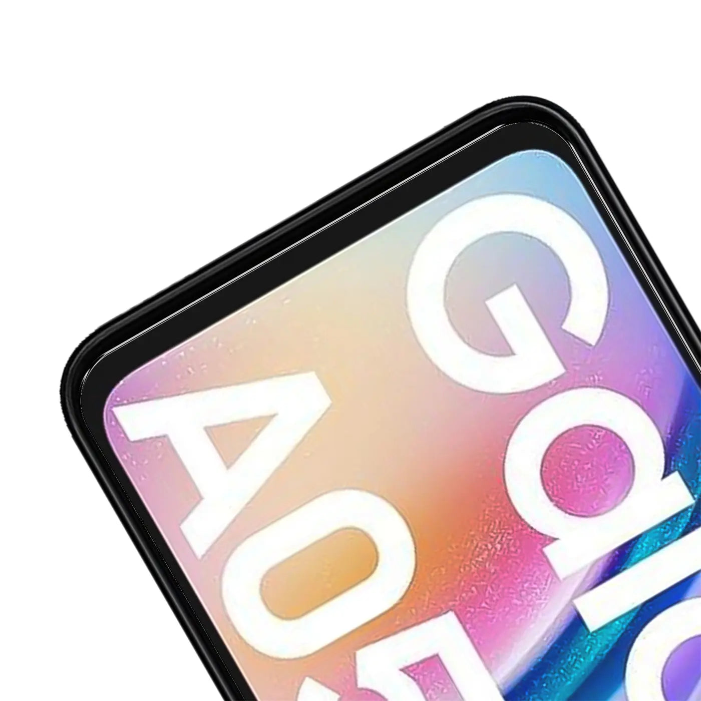 Nahaufnahme des oberen linken Bereichs eines Samsung Galaxy A05s mit schwarzem Rahmen und transparentem Panzerglas.
