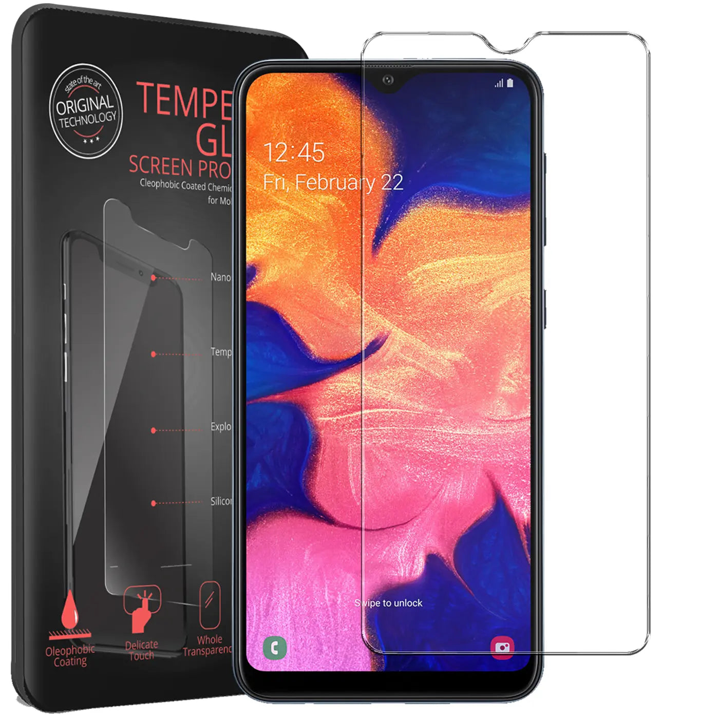 Schwarzes Samsung Galaxy A10 mit farbigem Display, daneben zwei transparente Panzerglas-Displayschutzfolien und schwarze.