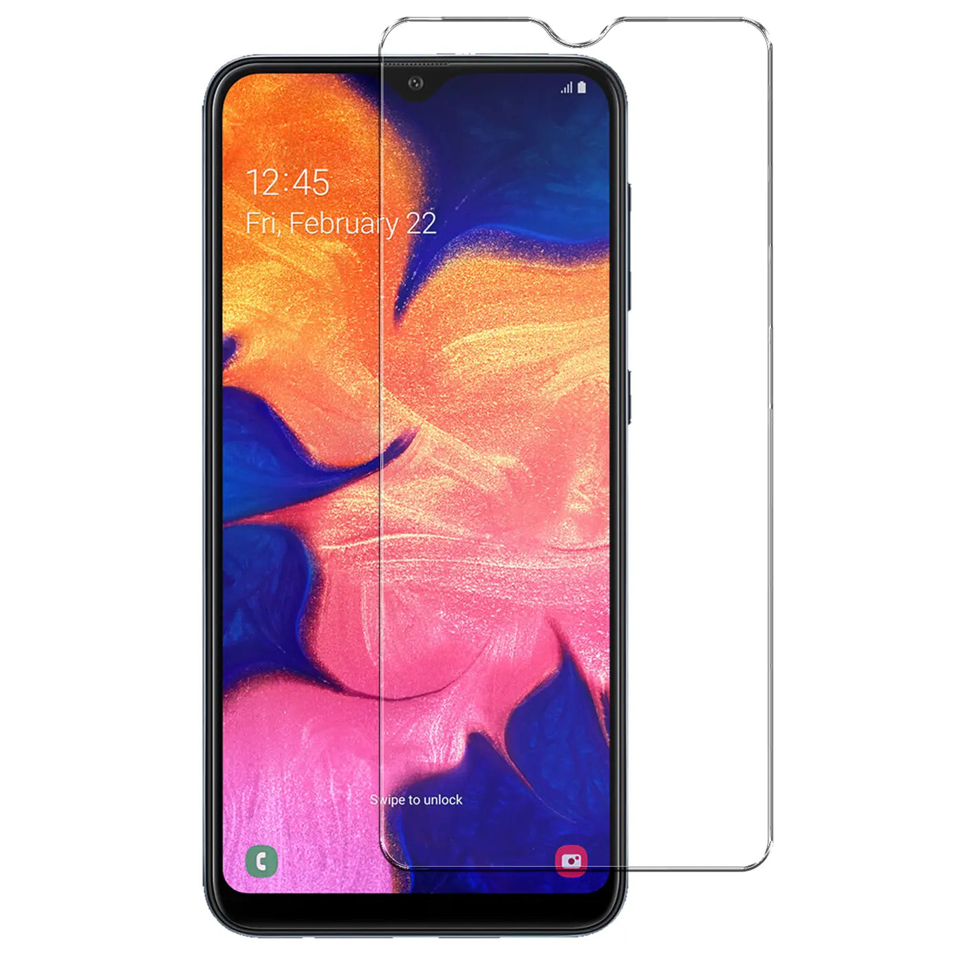 Schwarzes Samsung Galaxy A10 Smartphone von vorne mit halb aufgelegtem, transparentem Panzerglas Displayschutz.