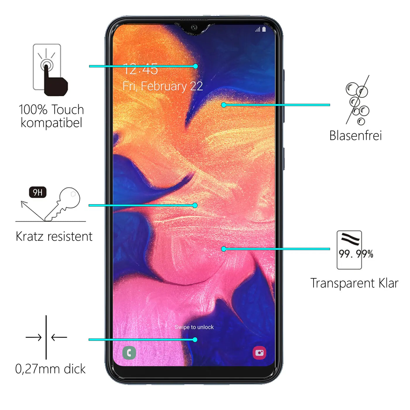 Schwarzes Samsung Galaxy A10 Smartphone, frontal abgebildet, mit Infografiken zu Panzerglas-Eigenschaften.