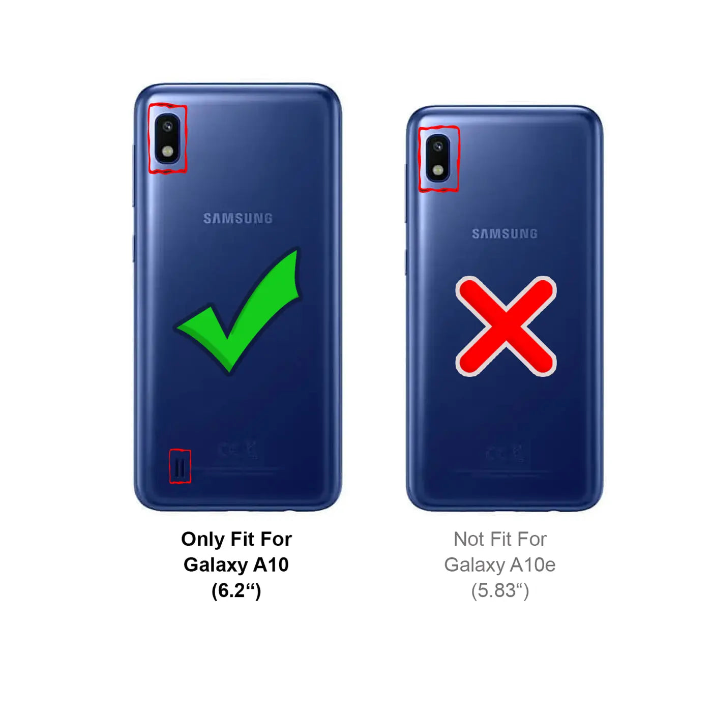 Rückseite von zwei blauen Samsung Galaxy A10 Smartphones, mit grünem Haken und rotem X zur Passform.