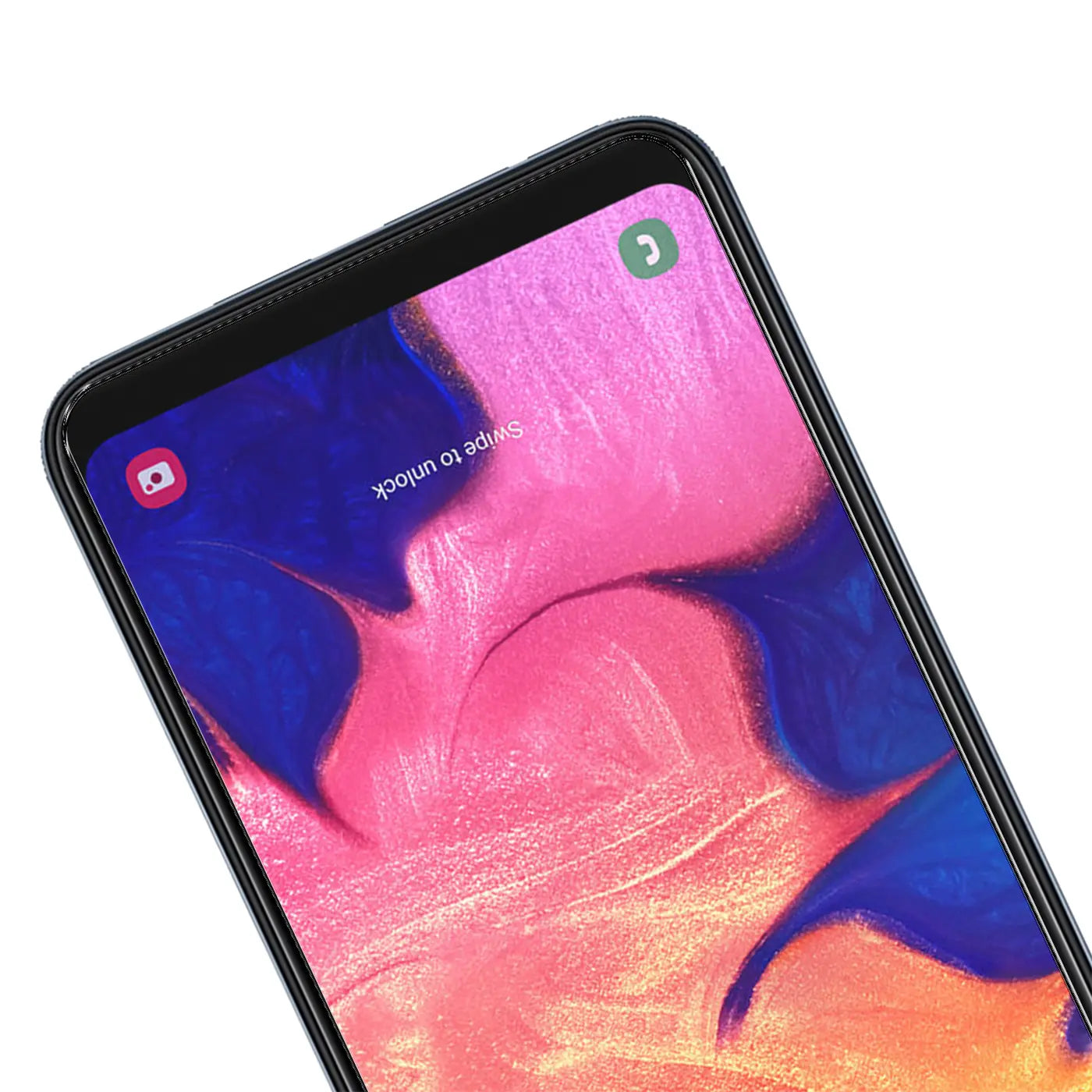 Nahaufnahme eines schwarzen Samsung Galaxy A10 Smartphones mit pink-blauem Display, schräg von oben rechts fotografiert.