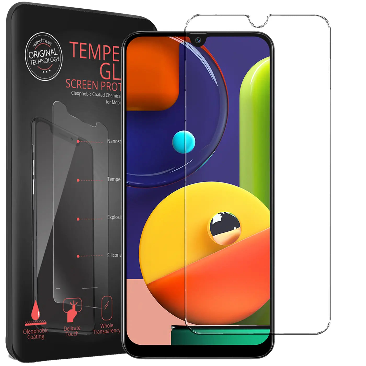 Schwarze Verpackung mit Panzerglas-Abbildung, daneben ein Samsung Galaxy A12/M12 mit angelegtem, klarem Panzerglas.
