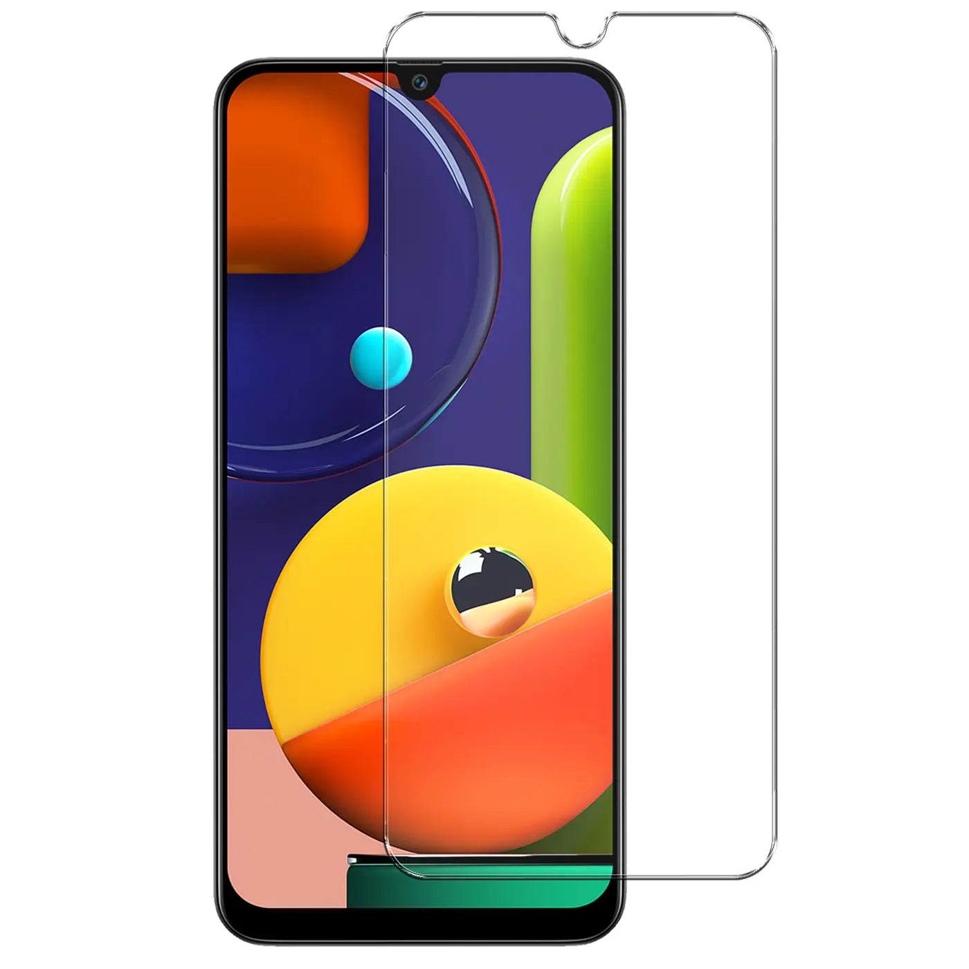 Frontansicht eines schwarzen Samsung Galaxy A12/M12 mit einem transparenten Panzerglas-Displayschutz auf dem Display.
