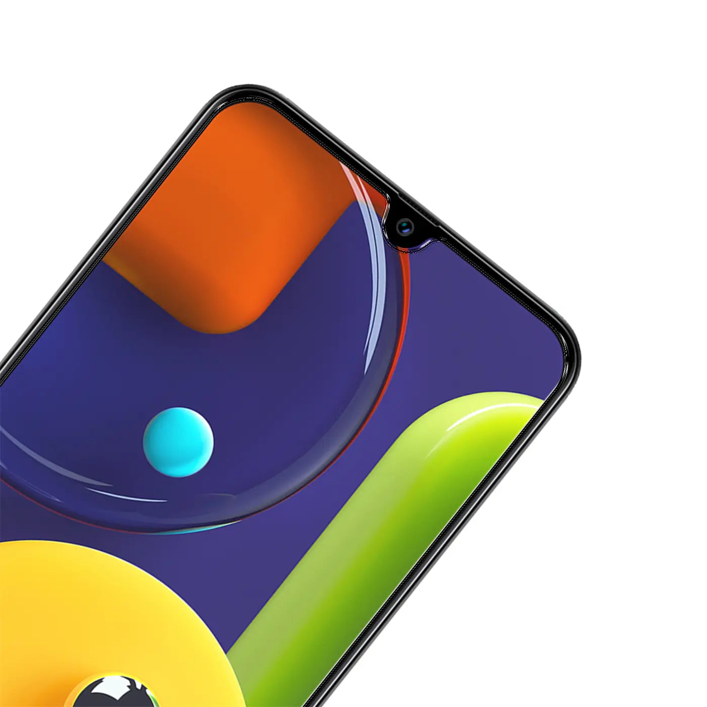 Nahaufnahme eines schwarzen Samsung Galaxy A12/M12 Smartphones mit farbigem Display, schräg von oben rechts.