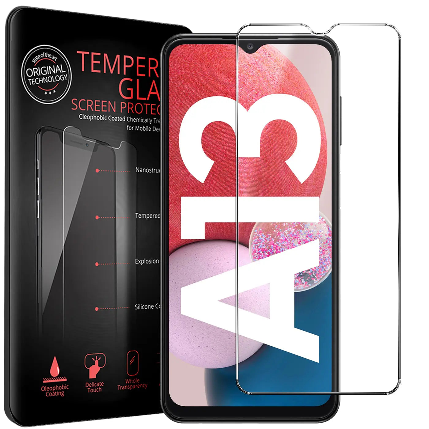 Schwarze Verpackung für Panzerglas, daneben ein schwarzes Samsung Galaxy A13 4G mit aufgelegtem, transparentem Panzerglas.