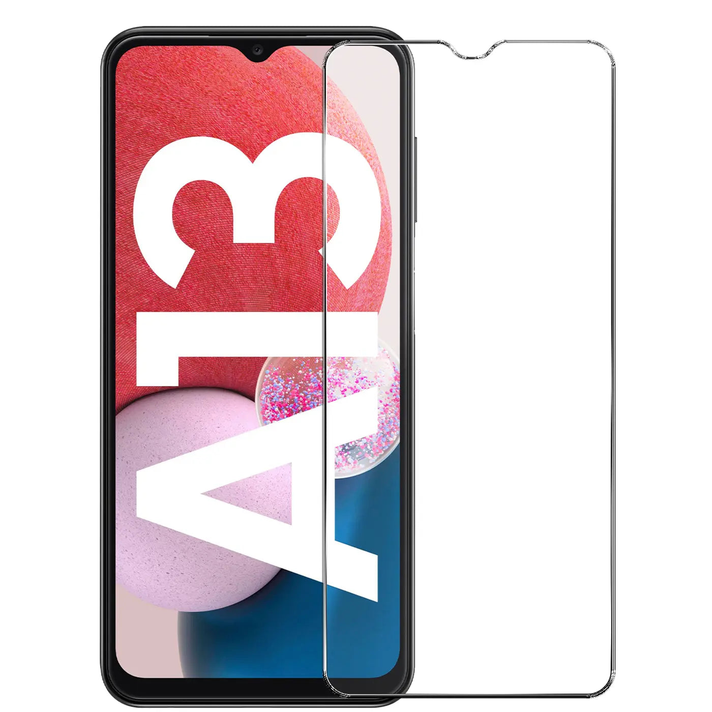 Samsung Galaxy A13 4G Smartphone mit schwarzem Rahmen, daneben ein klarer Panzerglas Displayschutz, frontal.