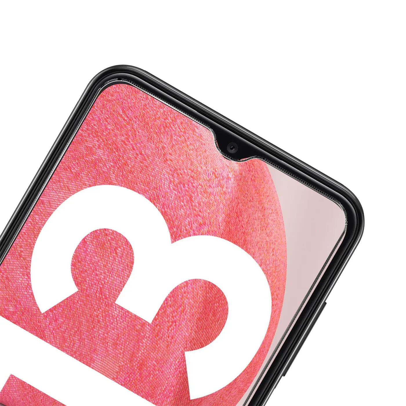 Nahaufnahme eines schwarzen Samsung Galaxy A13 4G von oben rechts, mit Panzerglas auf dem Display.