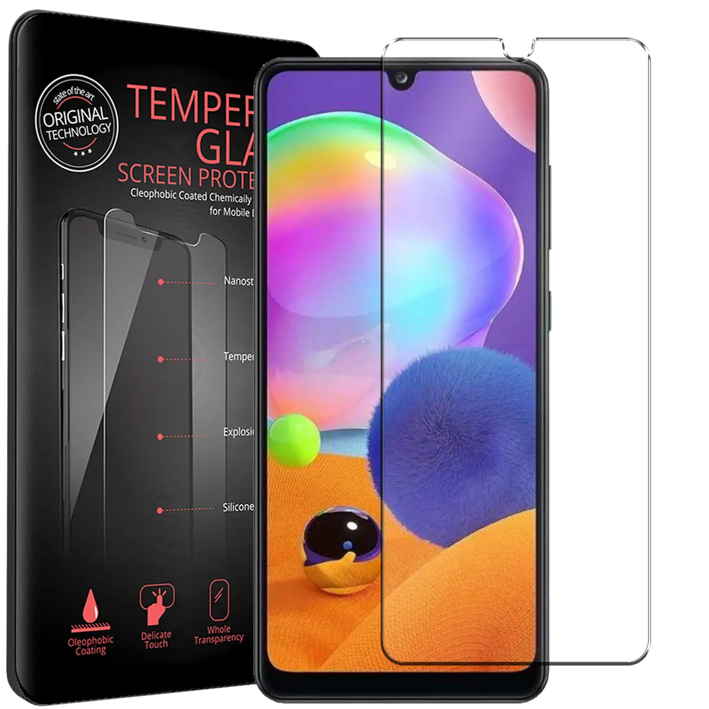 Schwarze Verpackung für Panzerglas, daneben ein schwarzes Smartphone mit buntem Display und zwei klare Panzergläser.