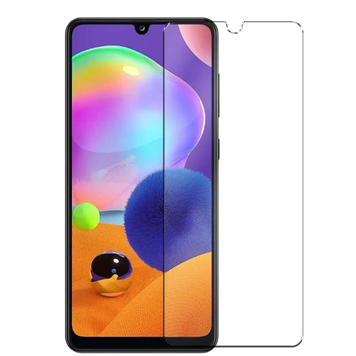 Schwarzes Samsung Galaxy A13 5G / A04s Smartphone mit buntem Display und daneben liegendem, klarem Panzerglas.