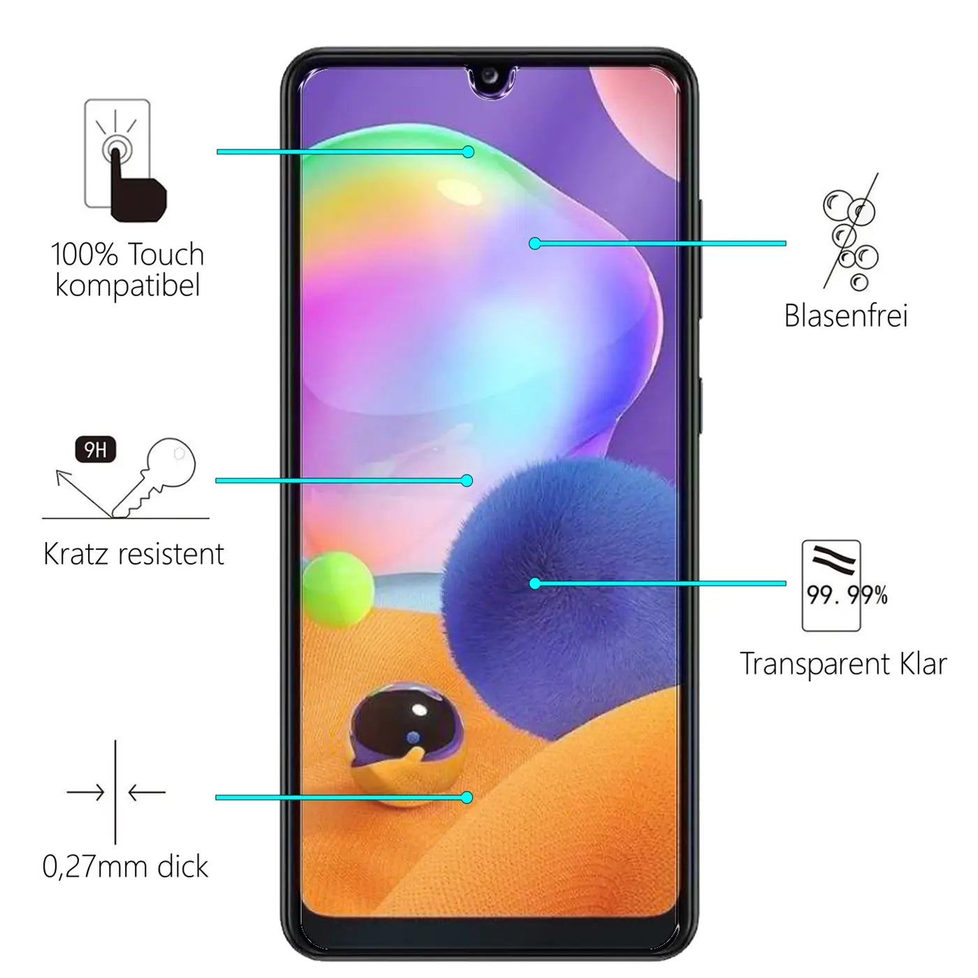 Schwarzes Samsung Galaxy A13 5G/A04s von vorne mit Panzerglas-Displayschutz, umgeben von blauen Pfeilen zu Eigenschaften.