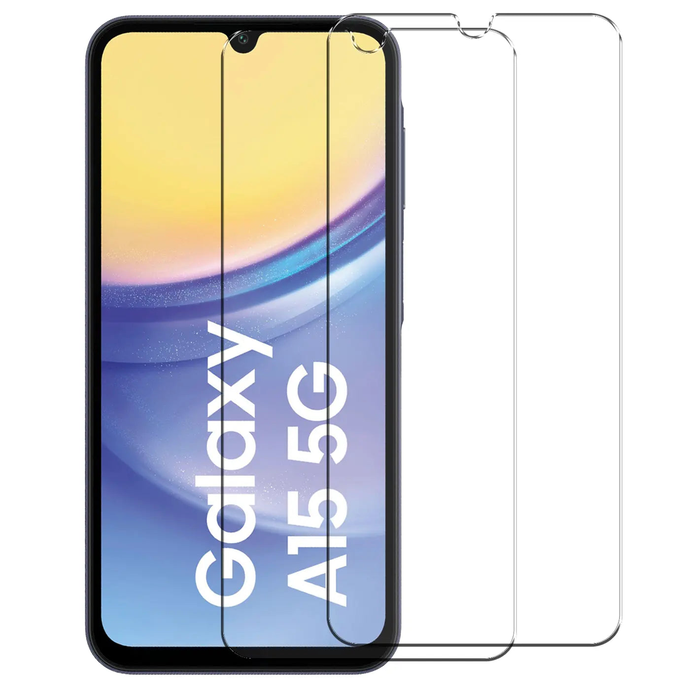 Zwei transparente Panzerglas-Displayschutzfolien für Samsung Galaxy A15 4G/5G, eine auf Handy, eine daneben.