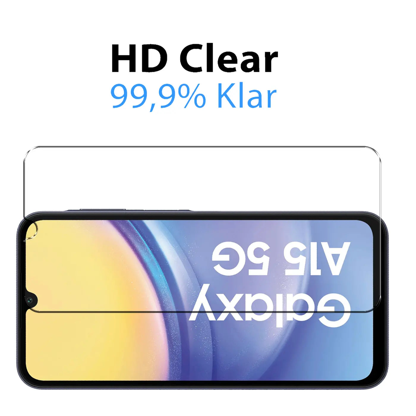 Klares Panzerglas für Samsung Galaxy A15 5G, von oben auf ein schwarzes Smartphone gelegt, weißer Hintergrund.
