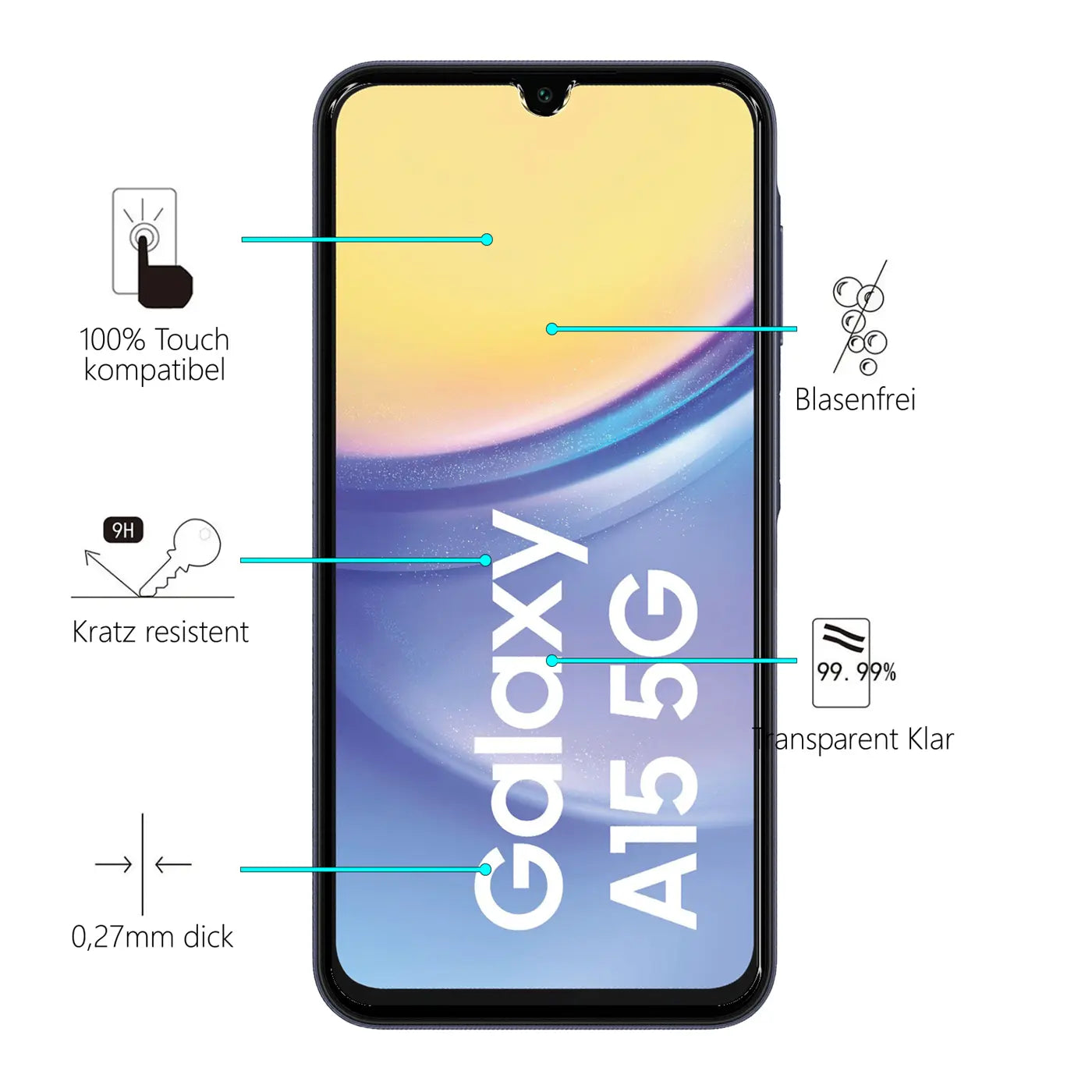Schwarzes Samsung Galaxy A15 5G mit Displayschutz aus Panzerglas, frontal, umgeben von Produktmerkmalen.