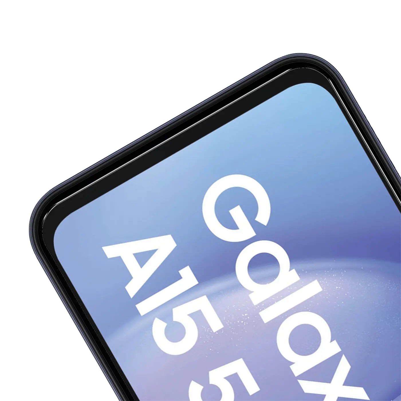 Nahaufnahme des oberen linken Bereichs eines schwarzen Samsung Galaxy A15 mit Panzerglas-Displayschutz.