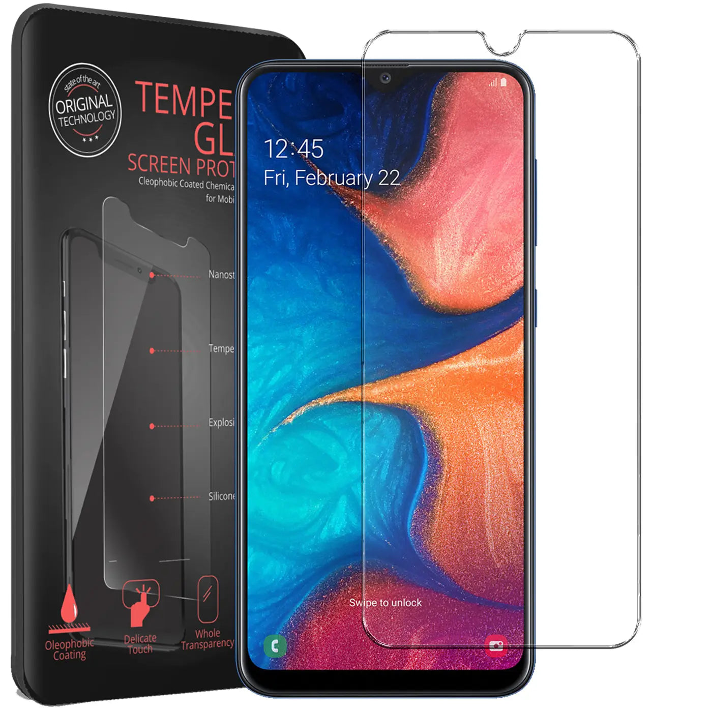 Schwarzes Samsung Galaxy A20e mit angebrachtem transparenten Panzerglas und einem weiteren Panzerglas daneben.