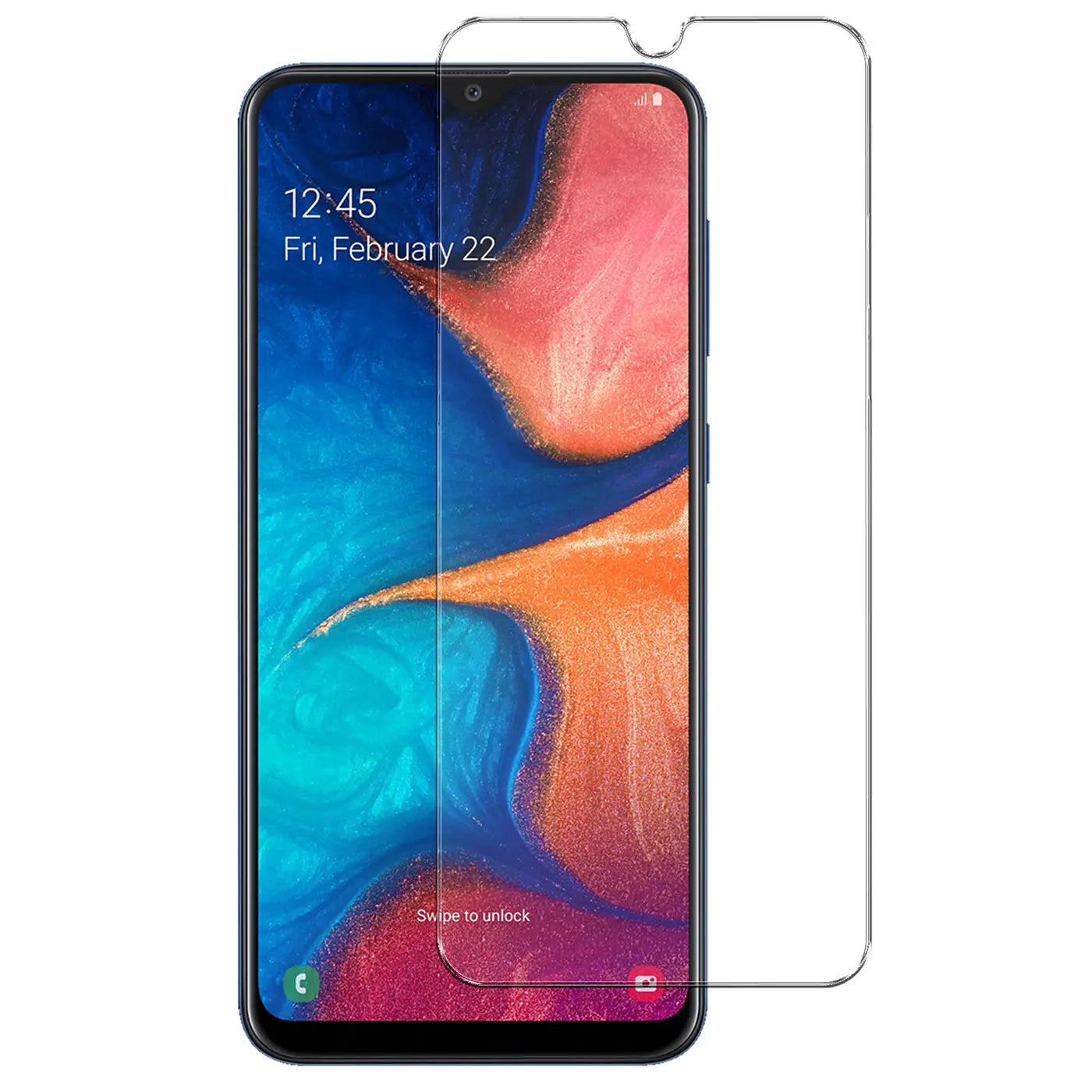 Samsung Galaxy A20e mit teilweisem Panzerglas-Displayschutz (transparentes Glas) von vorne.