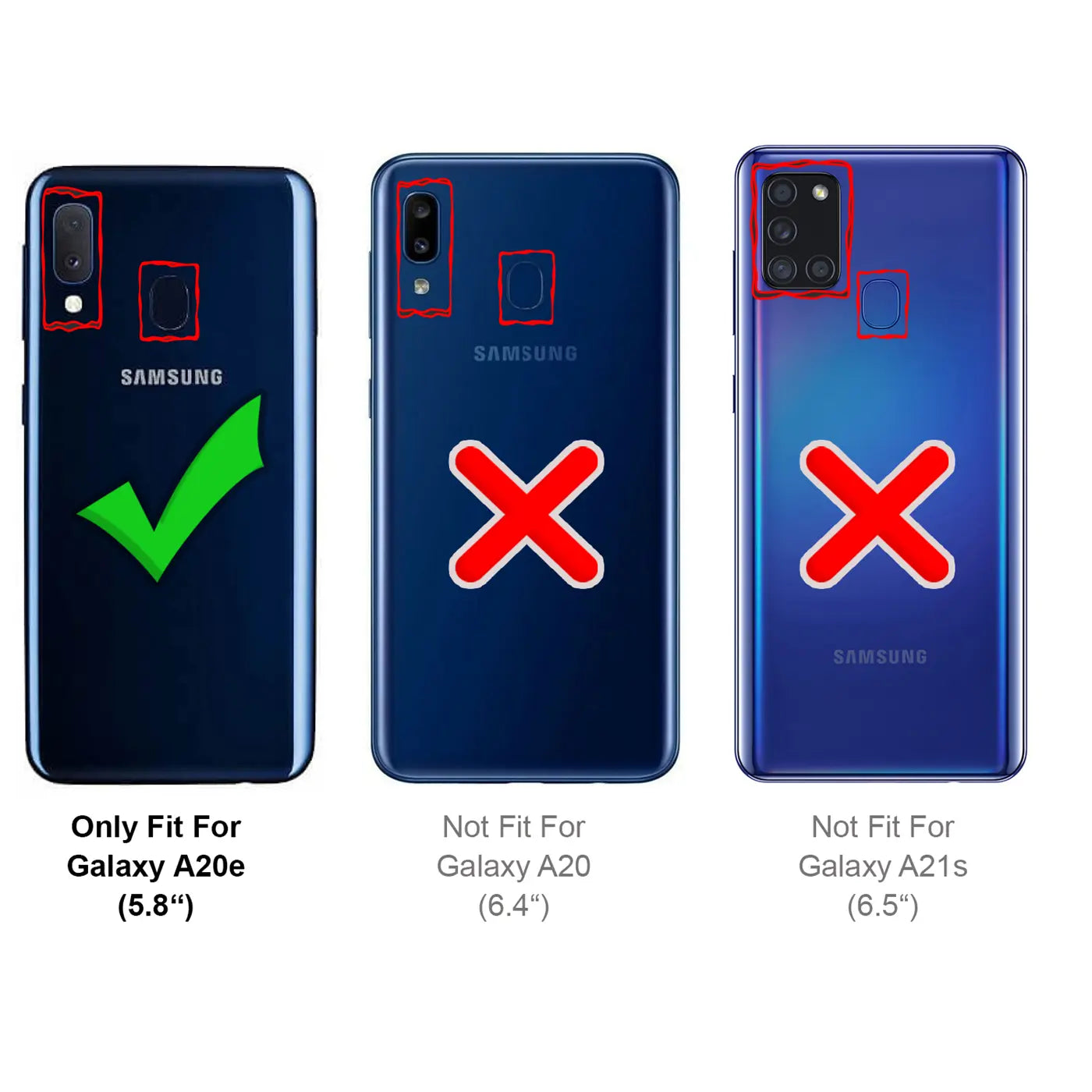 Drei blaue Samsung Galaxy Smartphones von hinten, Vergleich A20e (Haken), A20 (Kreuz), A21s (Kreuz).