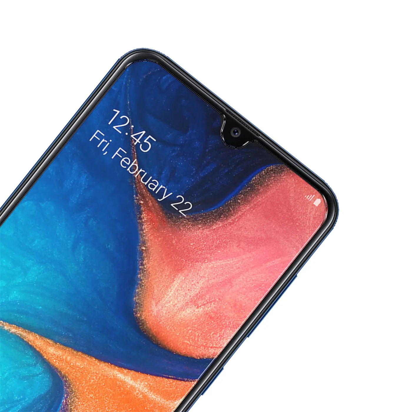 Oberer Teil eines schwarzen Samsung Galaxy A20e Smartphones, schräg von oben, mit blau-orangem Display und Notch.