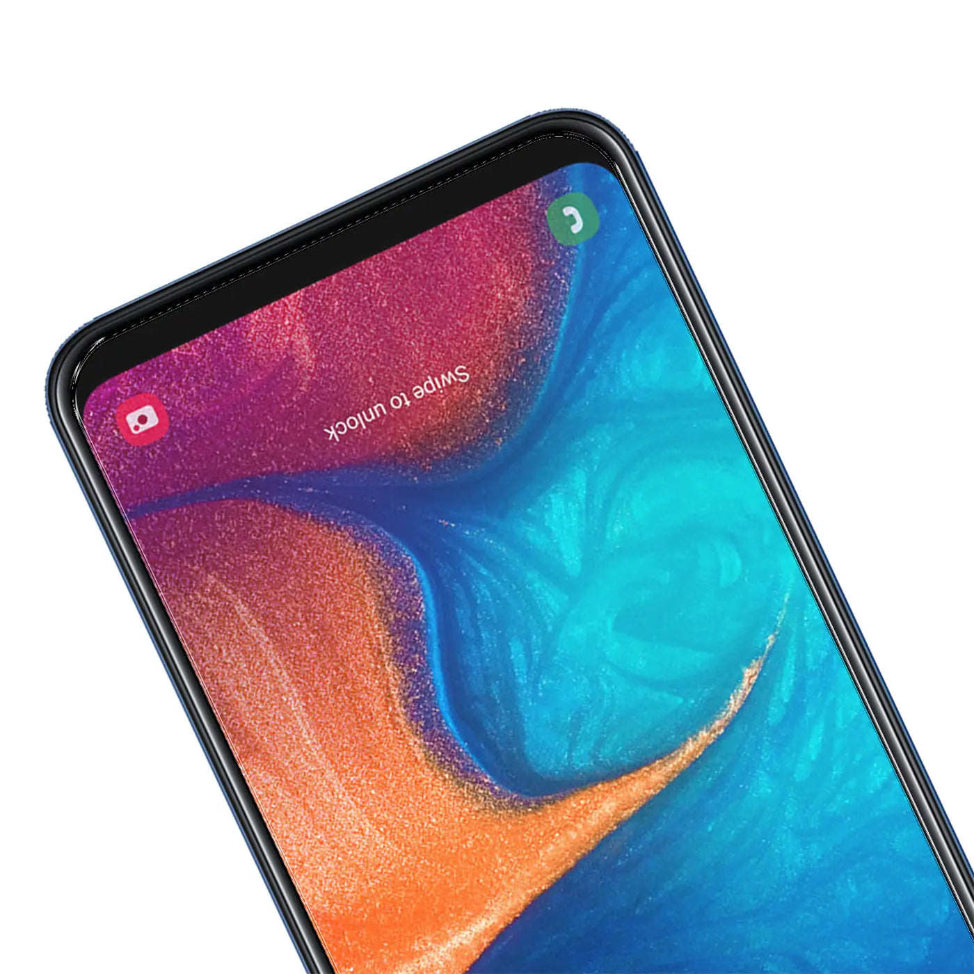 Nahaufnahme eines Samsung Galaxy A20e mit schwarzem Rahmen und buntem Display, schräg von oben rechts.