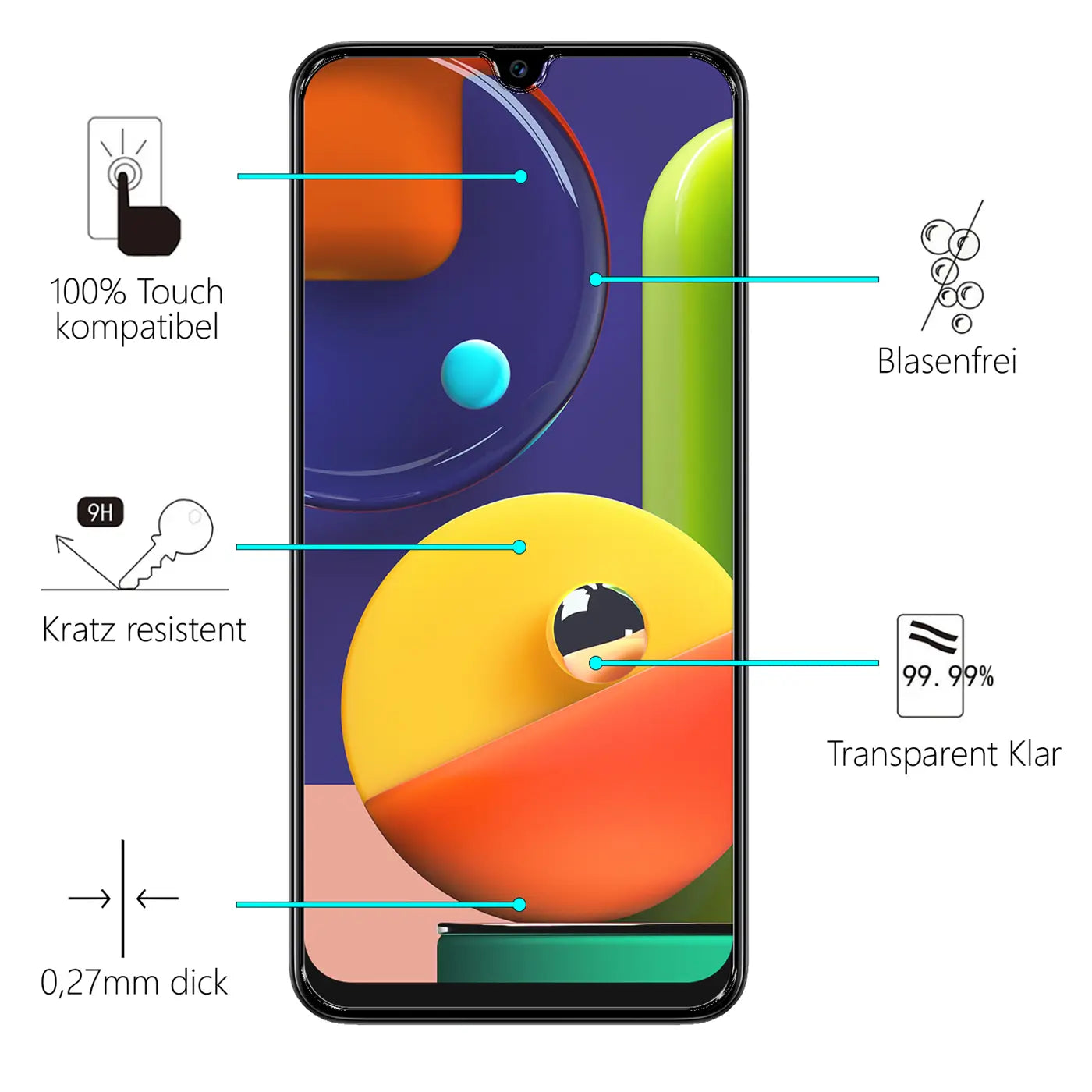 Samsung Galaxy A20s mit Panzerglas-Displayschutz von vorne, Eigenschaften wie 9H Härtegrad und 0,27mm Dicke.