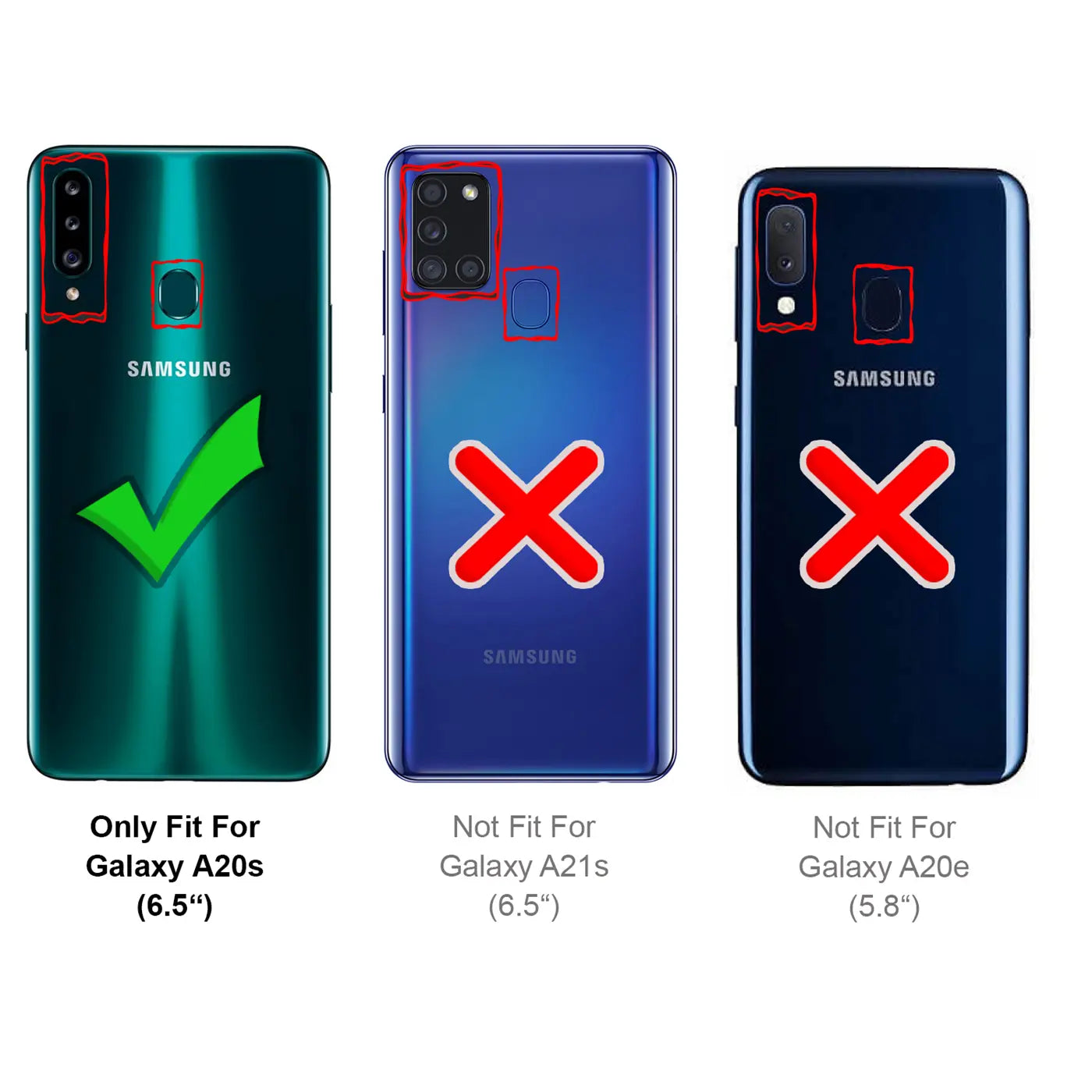 Rückseiten von 3 Samsung Galaxy Smartphones (A20s, A21s, A20e) mit roten Umrandungen und Haken/Kreuzen.