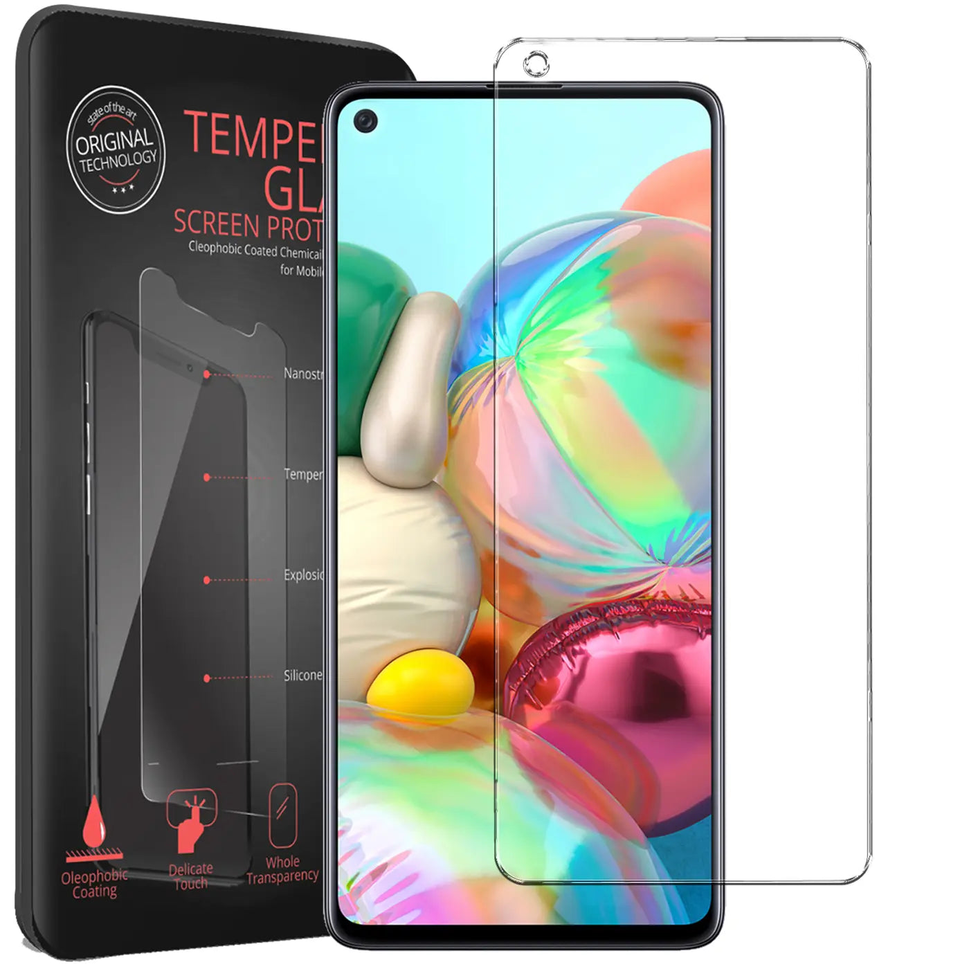 Samsung Galaxy A21s mit angebrachtem und einem weiteren transparenten Panzerglas Displayschutz, schräg von vorne.