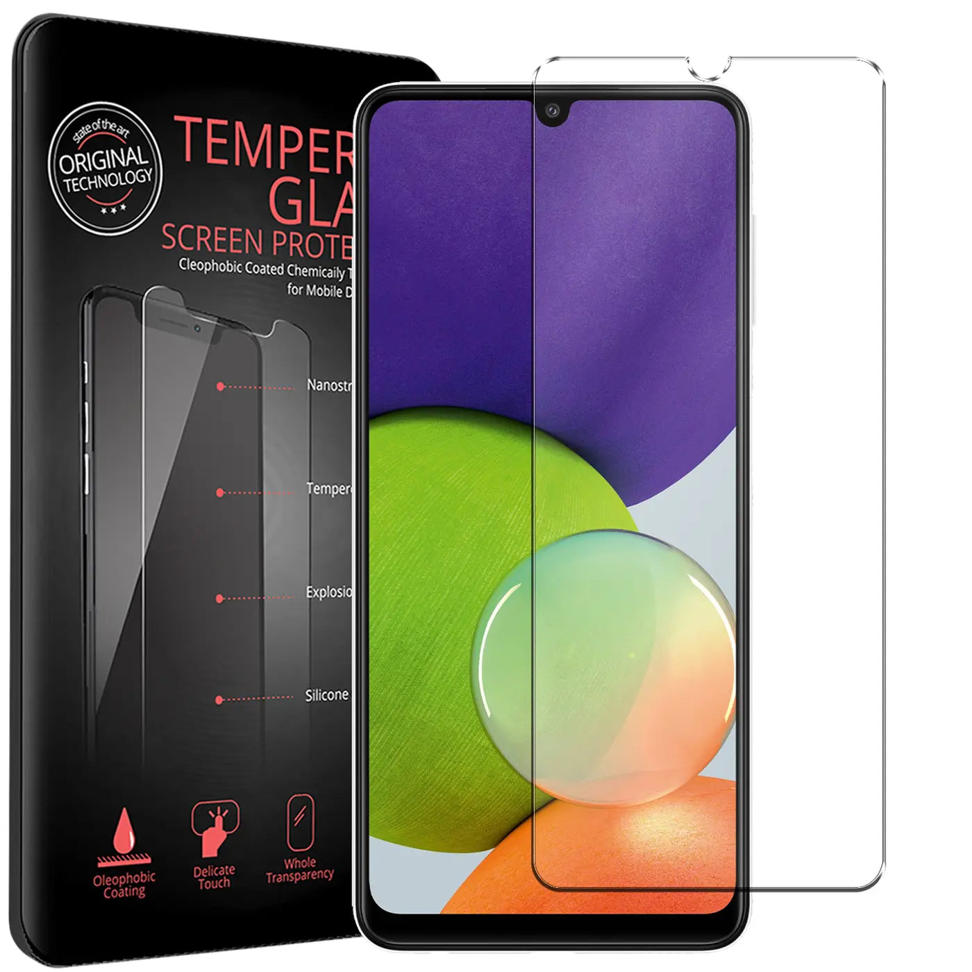 Schwarze Verpackung für Panzerglas, daneben ein schwarzes Samsung Galaxy A22 4G mit zwei transparenten Panzergläsern.