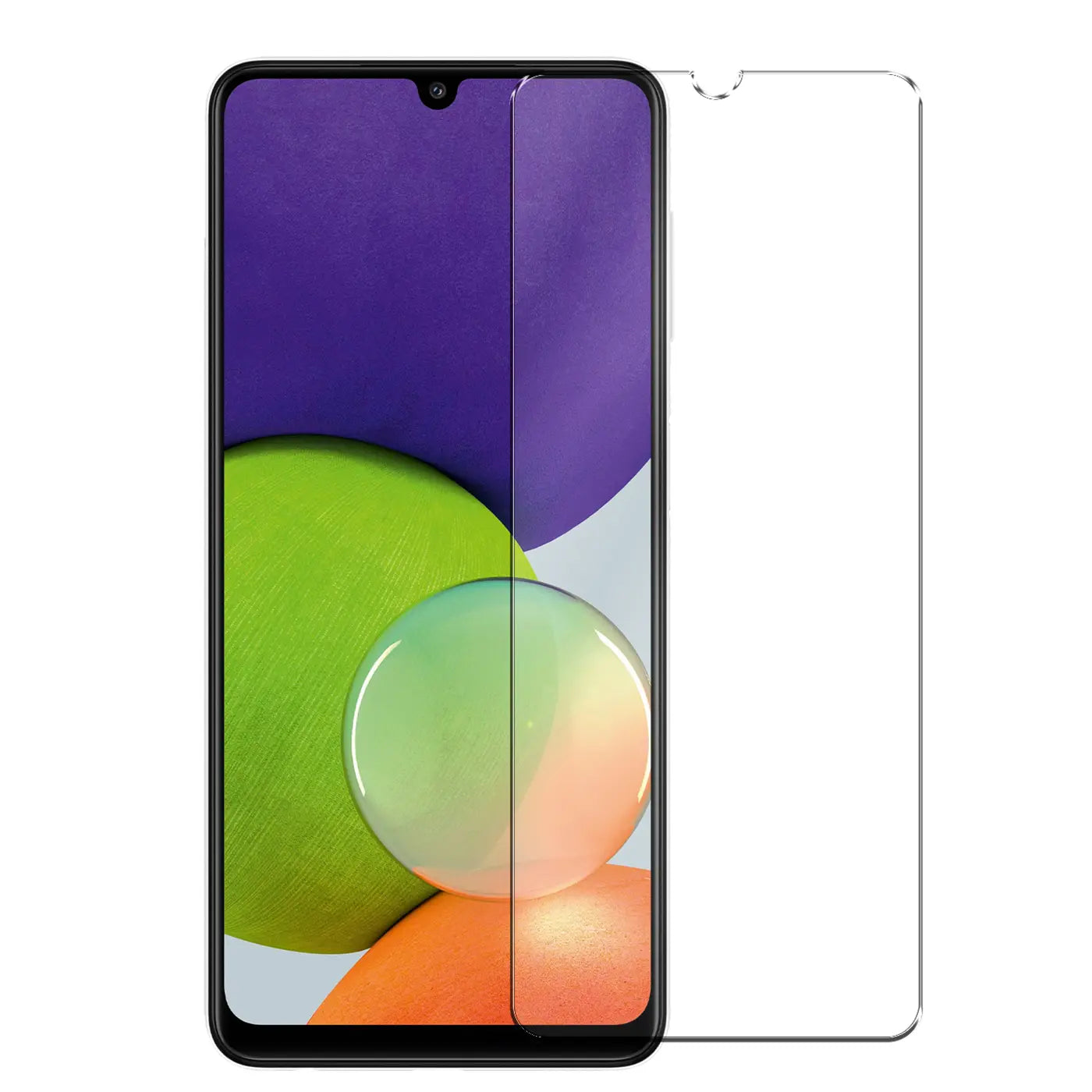 Samsung Galaxy A22 4G mit teilweisem, transparentem Panzerglas-Displayschutz und einem weiteren daneben, von vorne.