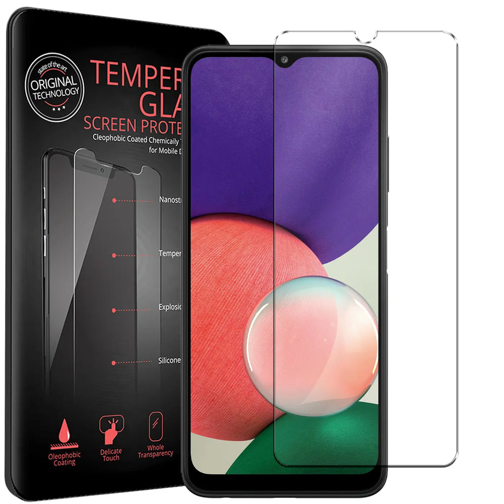 Schwarze Verpackung mit "TEMPER GLASS" Schriftzug, daneben ein Samsung Galaxy A22 5G mit transparentem Panzerglas.