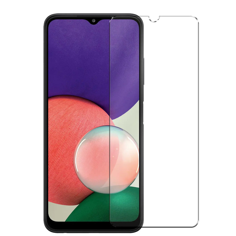 Transparentes Panzerglas für Samsung Galaxy A22 5G, von vorne gesehen, teilweise auf Display gelegt.