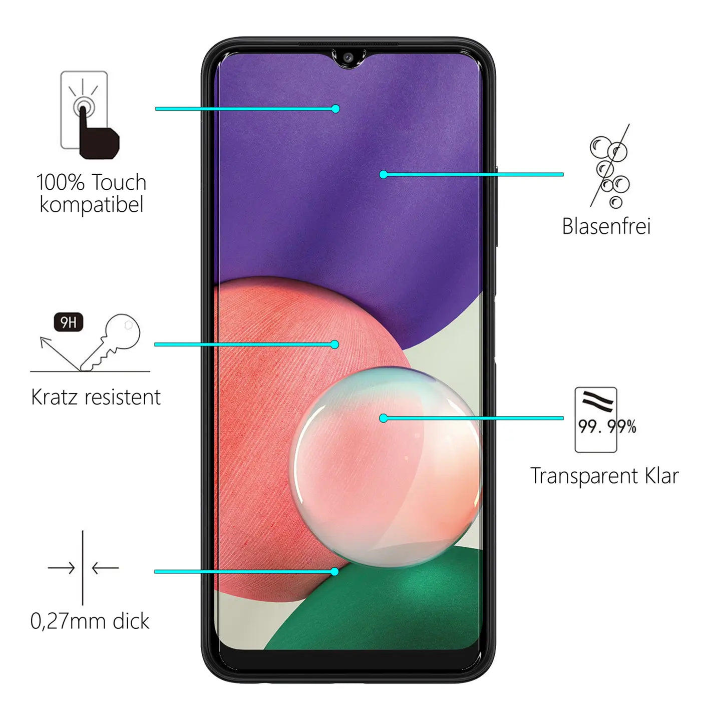 Schwarzes Samsung Galaxy A22 5G von vorne mit Panzerglas-Displayschutz. Icons zeigen Eigenschaften wie Kratzfestigkeit.