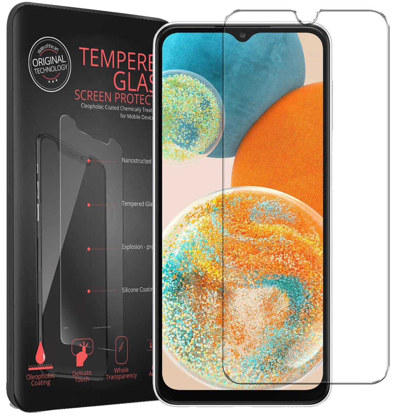 Schwarze Verpackung mit transparentem Panzerglas, daneben ein Samsung Galaxy A23 5G mit aufgelegtem Panzerglas.