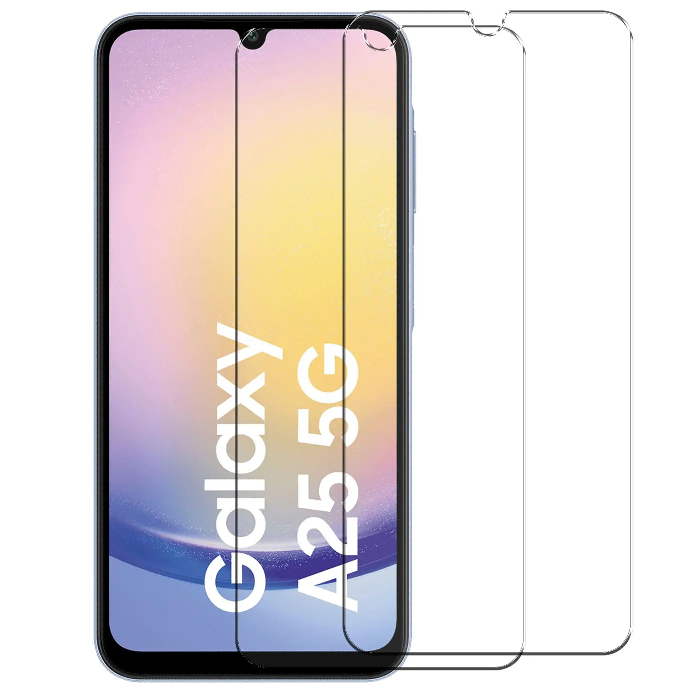 Zwei klare Panzerglas-Displayschutzfolien, eine auf einem schwarzen Samsung Galaxy A25 5G, eine daneben. Frontalansicht.