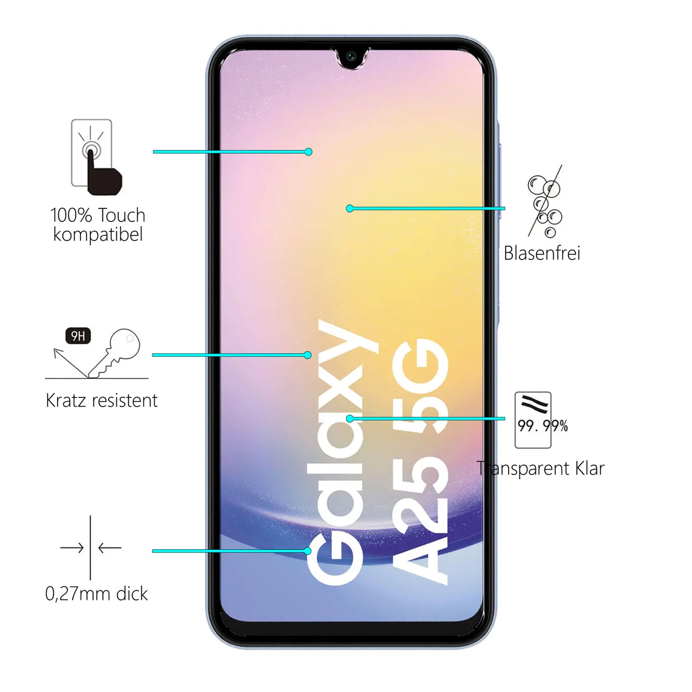 Vorderansicht eines schwarzen Samsung Galaxy A25 5G mit Displayfolie, umgeben von Icons und Text zu Eigenschaften.