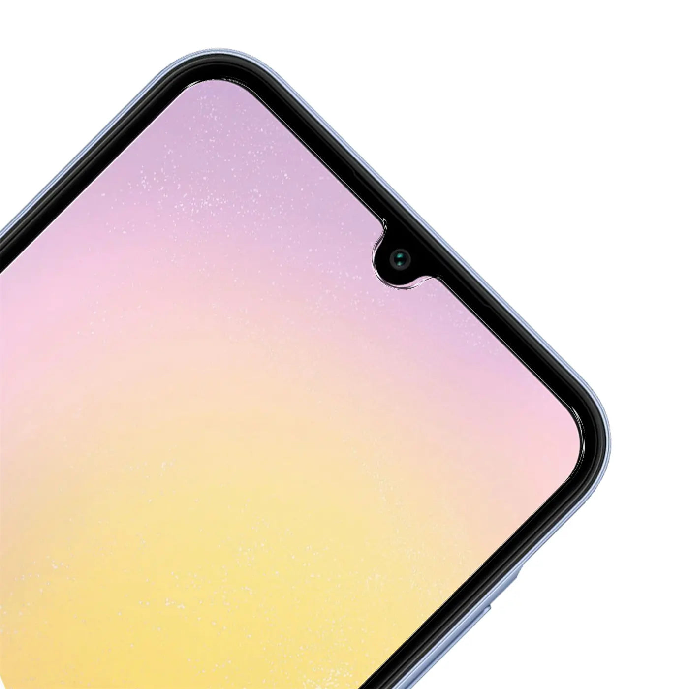 Nahaufnahme des oberen Bereichs eines Samsung Galaxy A25 5G mit Panzerglas, Frontkamera sichtbar, pink-gelber Bildschirm.