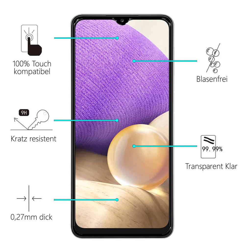 Samsung Galaxy A33 5G mit Panzerglas Displayschutz. Frontalansicht, schwarzes Handy mit lila-orangem Hintergrund.