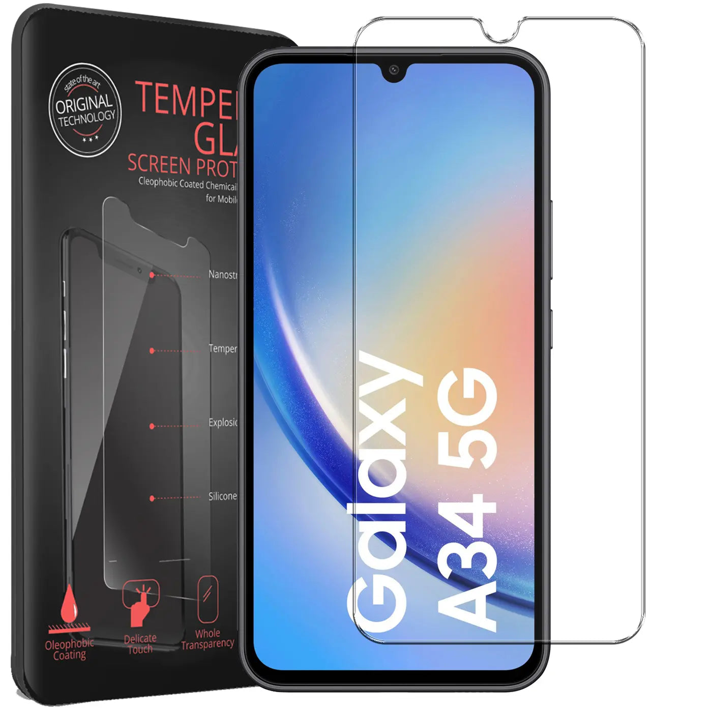 Schwarze Verpackung mit Panzerglas-Details, daneben ein Samsung Galaxy A34 5G und ein transparentes Panzerglas.