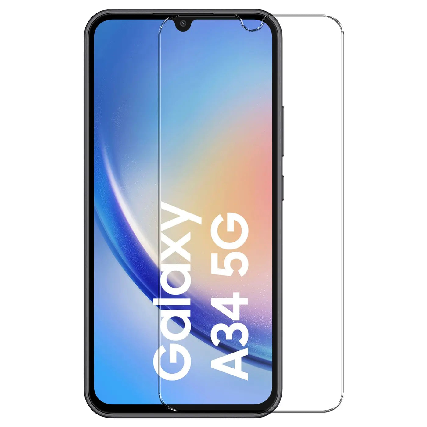 Frontansicht eines schwarzen Samsung Galaxy A34 5G mit halb aufgelegtem, transparentem Panzerglas-Displayschutz.