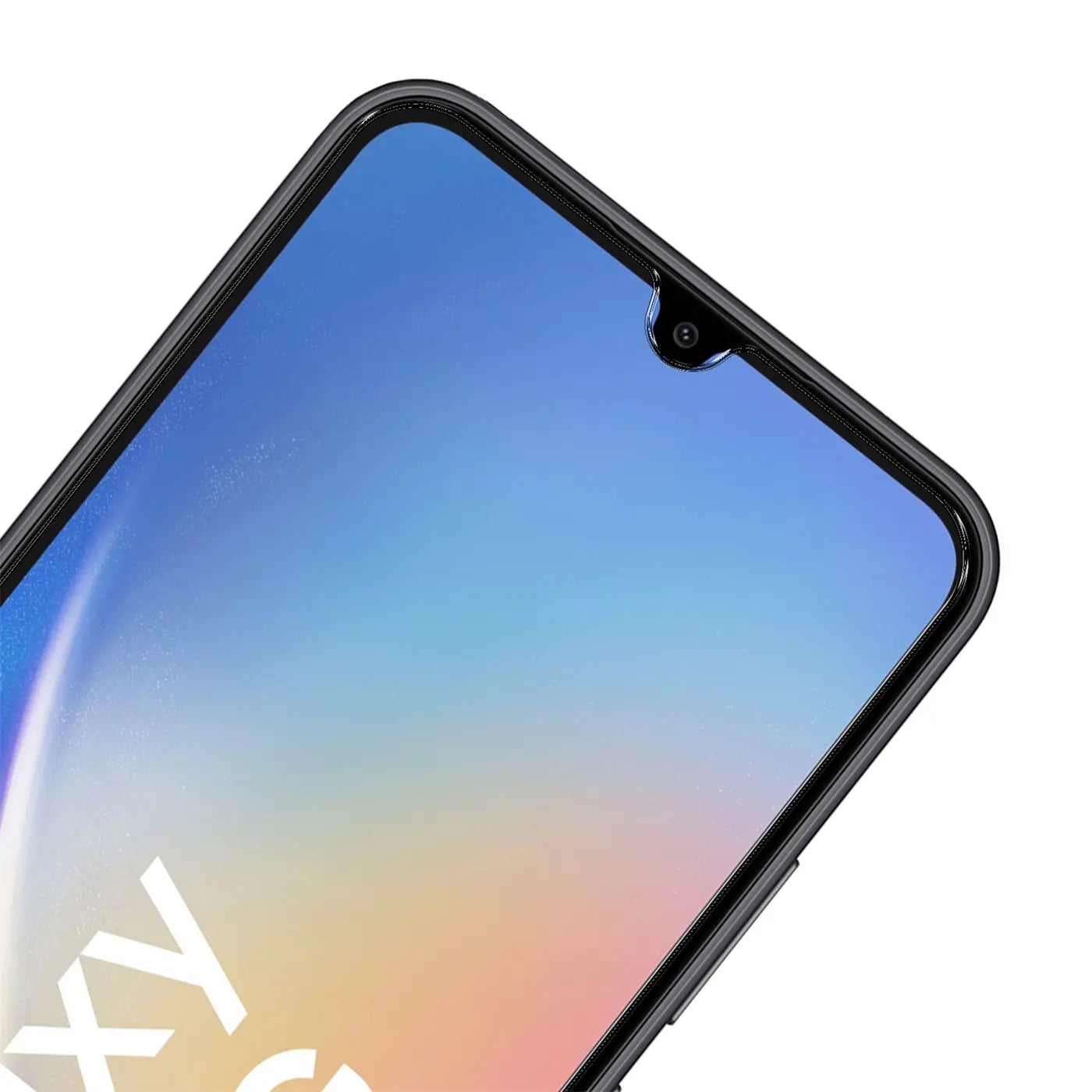 Nahaufnahme des oberen Bereichs eines Samsung Galaxy A34 5G mit schwarzem Rahmen und Displayschutz aus Glas.