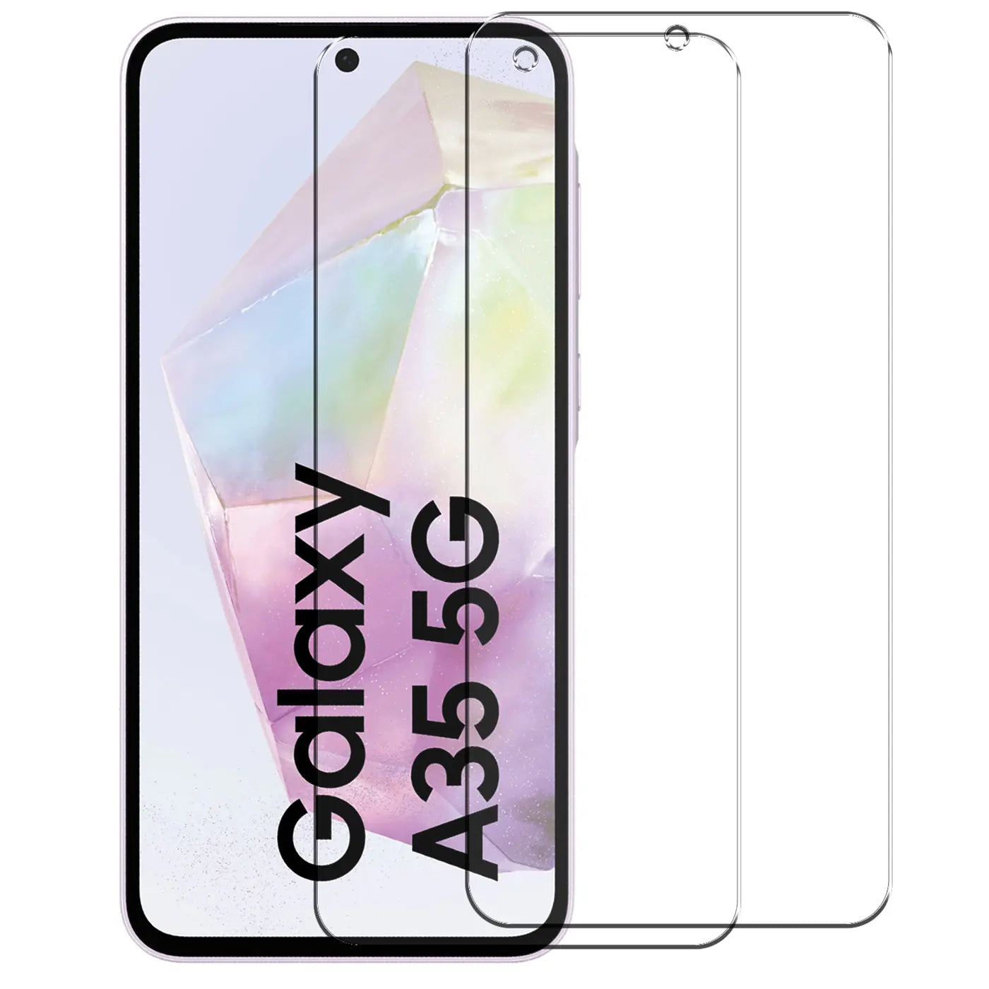 Zwei transparente Panzerglas-Displayschutzfolien für Samsung Galaxy A35 5G, schräg von oben rechts.